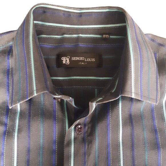 Sergio Louis Italy SZ M Black, Indigo & Teal Striped Men's Button Up Shirt - Picture 1 of 14